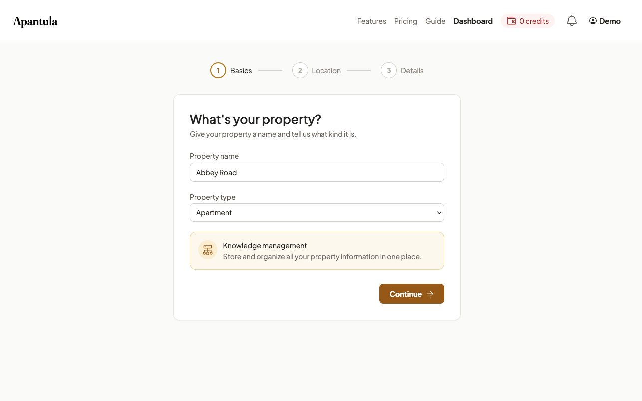 Property setup form