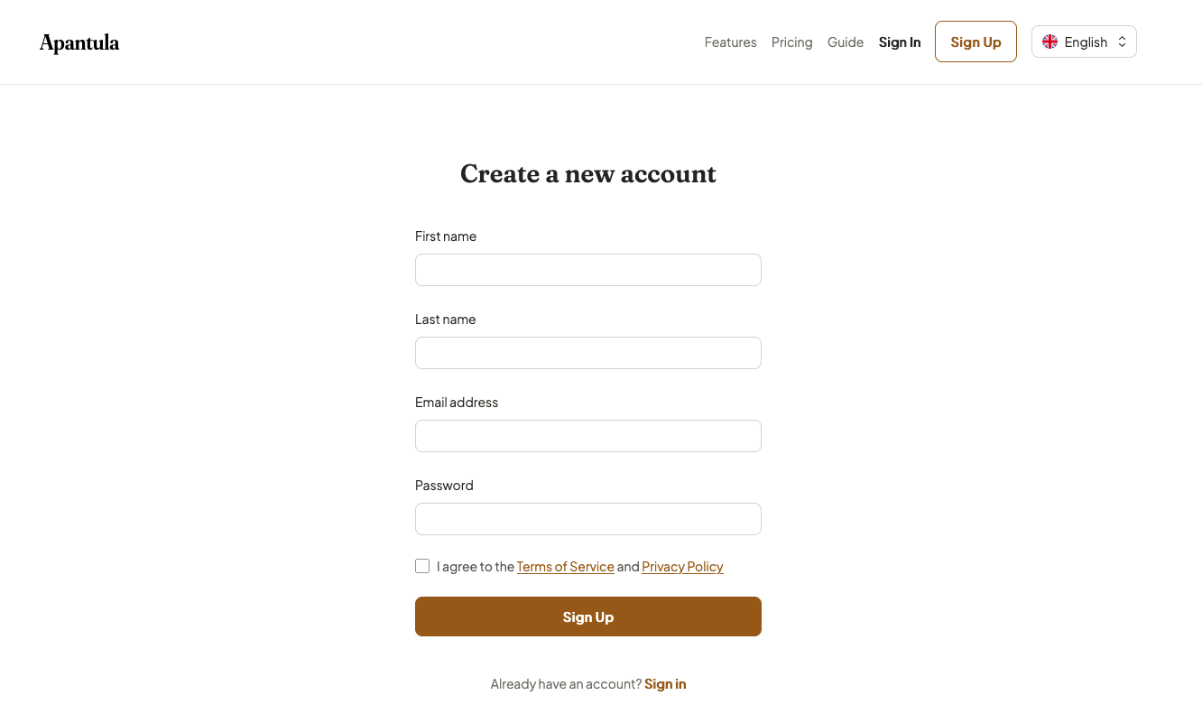 Sign up screen
