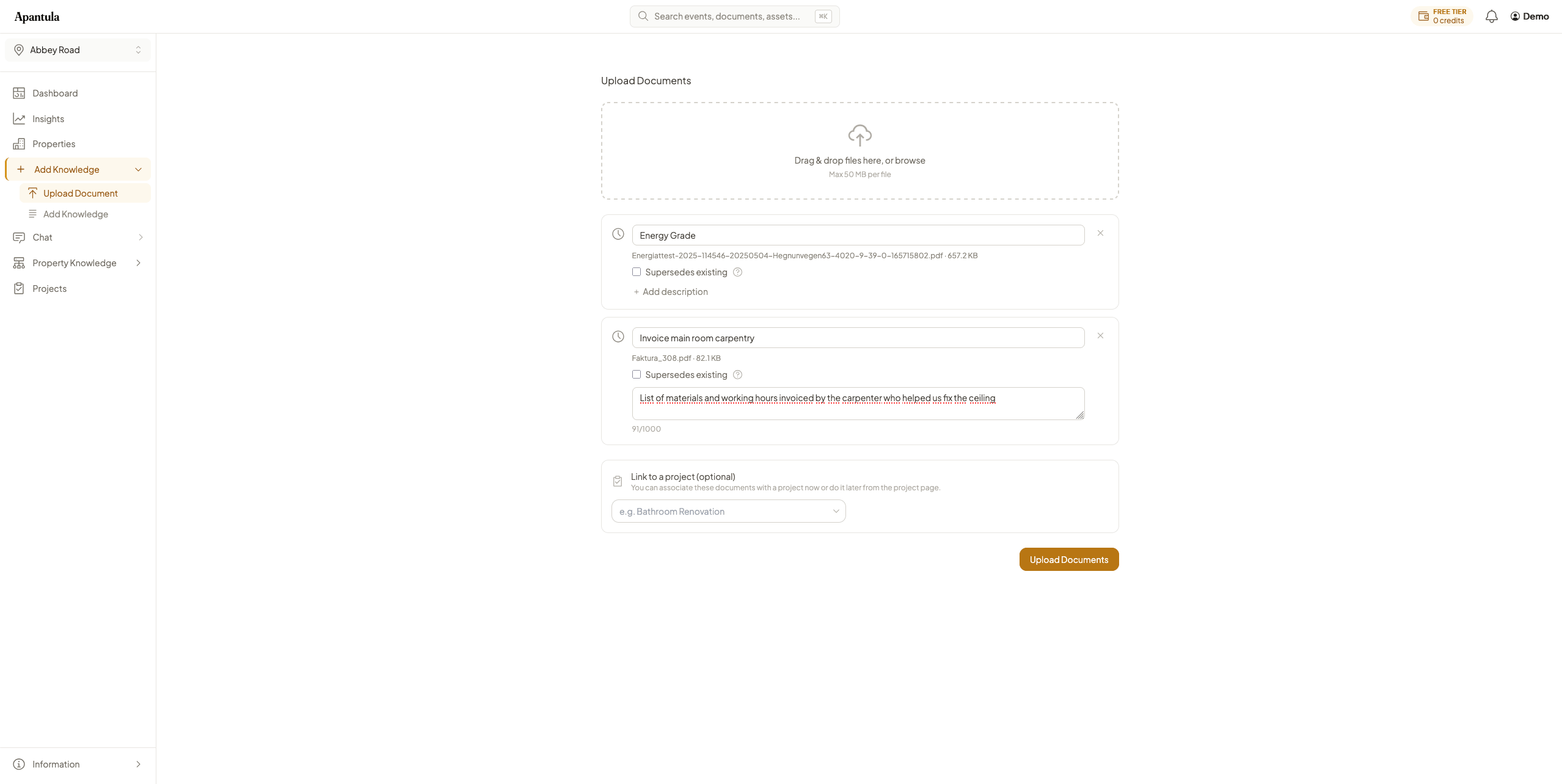 Document upload interface